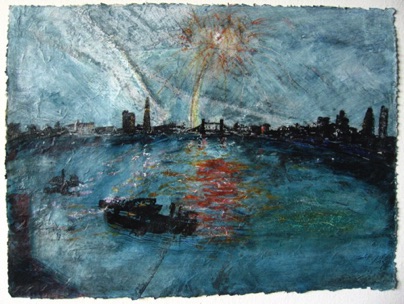 Fireworks, Rotherhithe
Mixed media on Nepalese paper, 20 x 28cm,
Sold, Private Collection